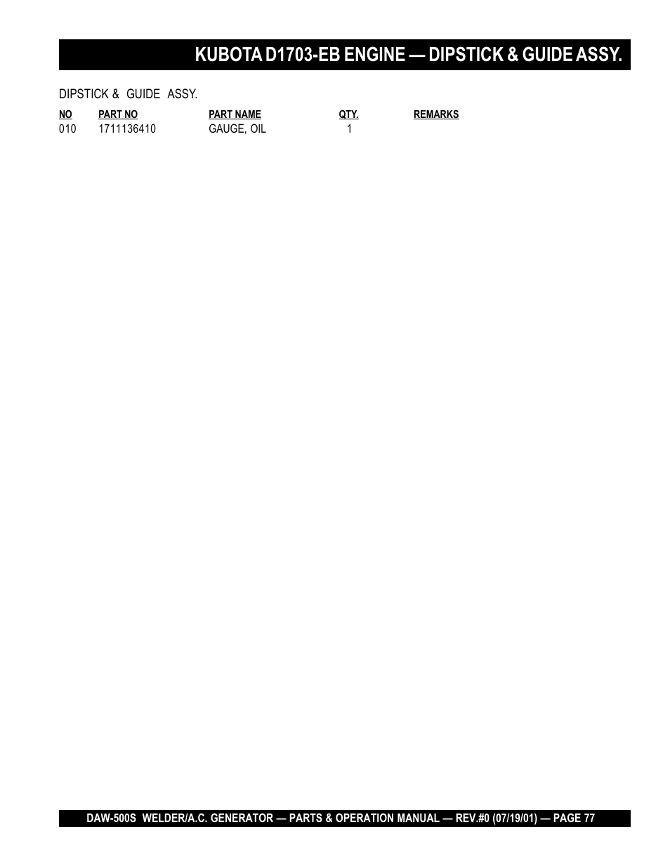 Kubota d1703-eb engine — dipstick & guide assy | Multiquip DAW500S User Manual | Page 77 / 142