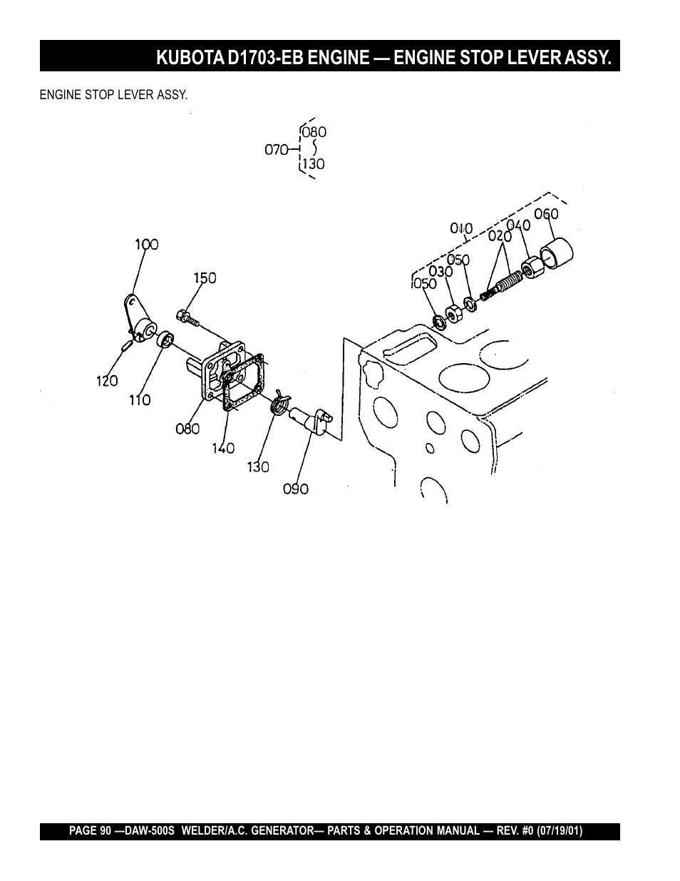 Kubota d1703-eb engine — engine stop lever assy | Multiquip DAW500S User Manual | Page 90 / 142