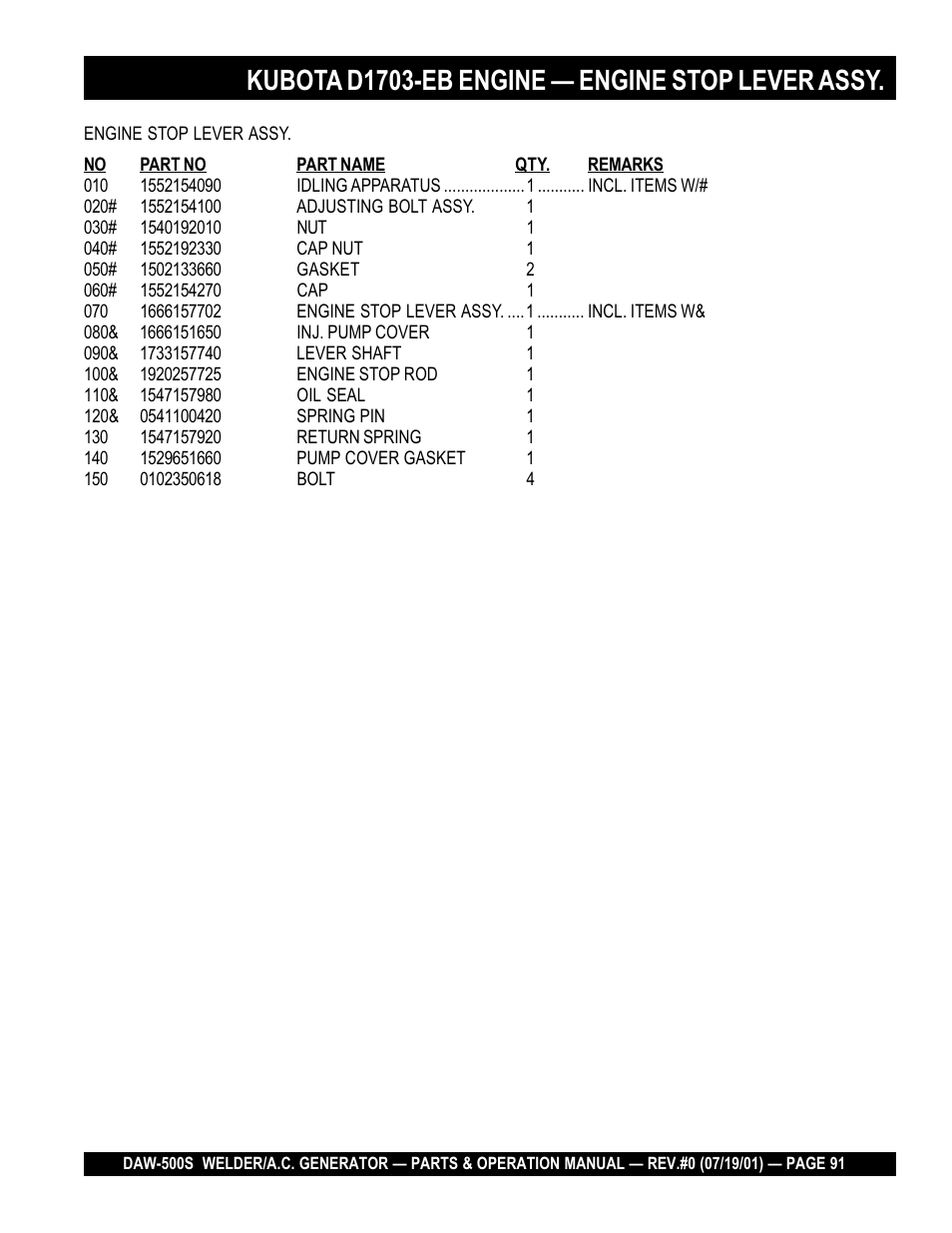 Kubota d1703-eb engine — engine stop lever assy | Multiquip DAW500S User Manual | Page 91 / 142