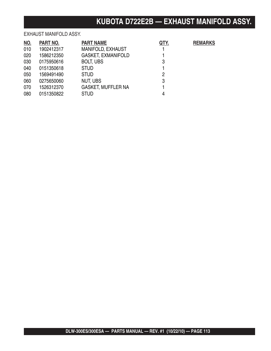 Kubota d722e2b — exhaust manifold assy | Multiquip DLW300ES_ESA User Manual | Page 113 / 124