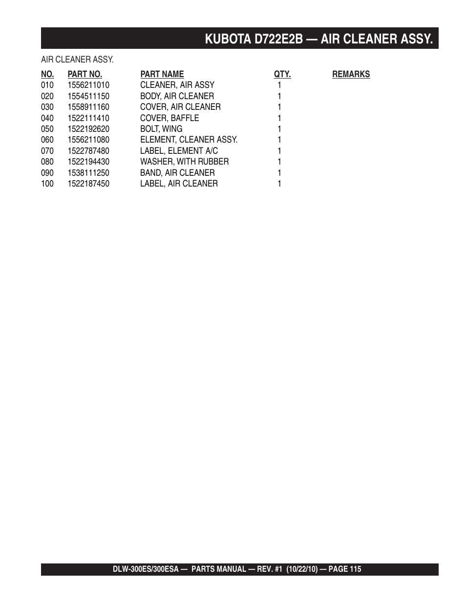 Kubota d722e2b — air cleaner assy | Multiquip DLW300ES_ESA User Manual | Page 115 / 124