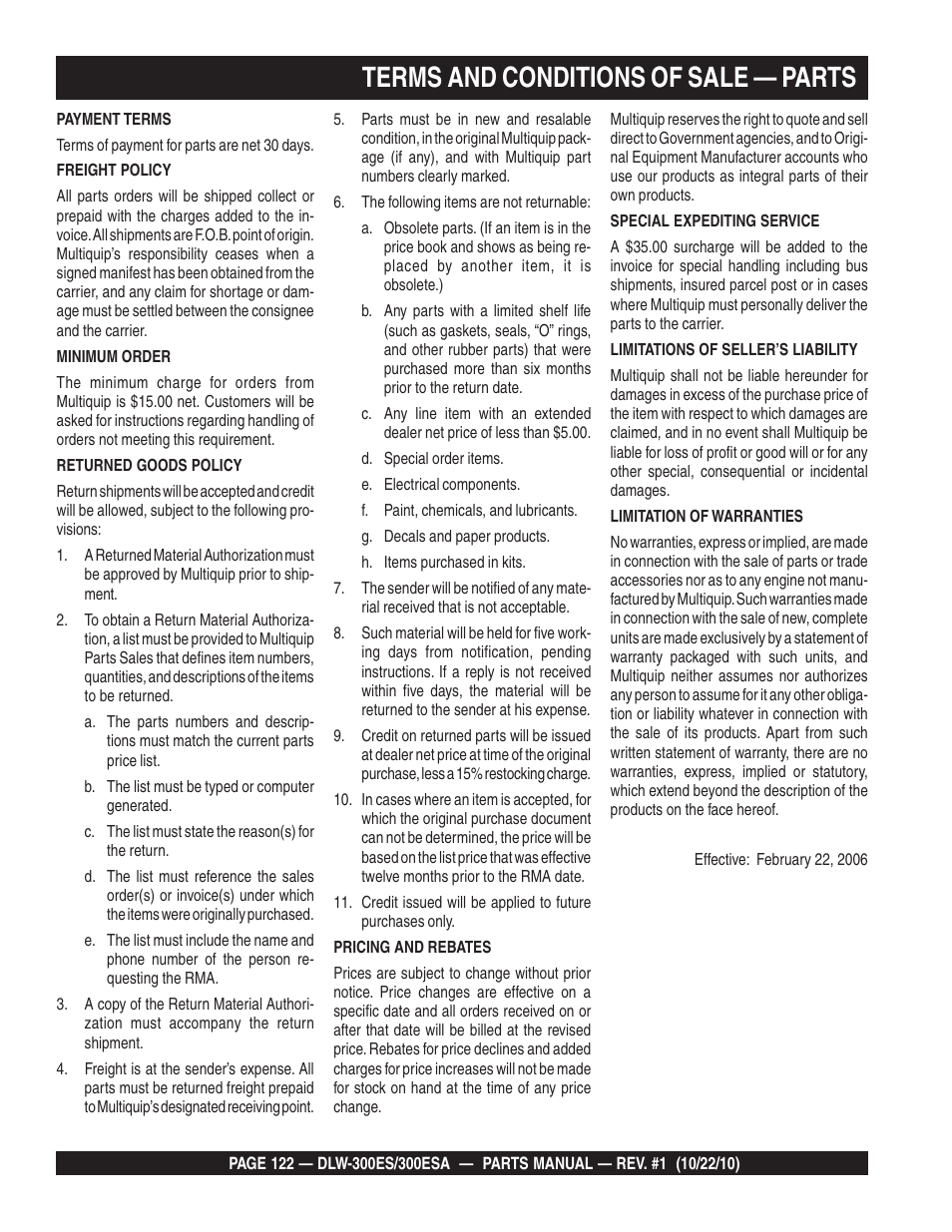 Terms and conditions of sale — parts | Multiquip DLW300ES_ESA User Manual | Page 122 / 124