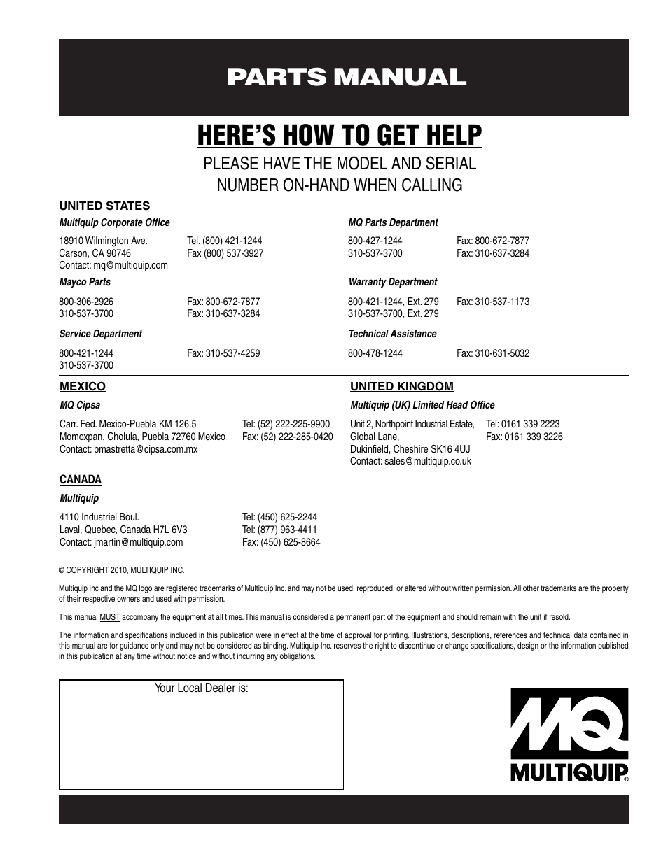 Here’s how to get help, Parts manual | Multiquip DLW300ES_ESA User Manual | Page 124 / 124