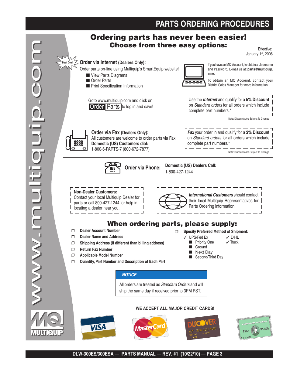 Parts ordering procedures, Ordering parts has never been easier, Choose from three easy options | When ordering parts, please supply, Order parts | Multiquip DLW300ES_ESA User Manual | Page 3 / 124