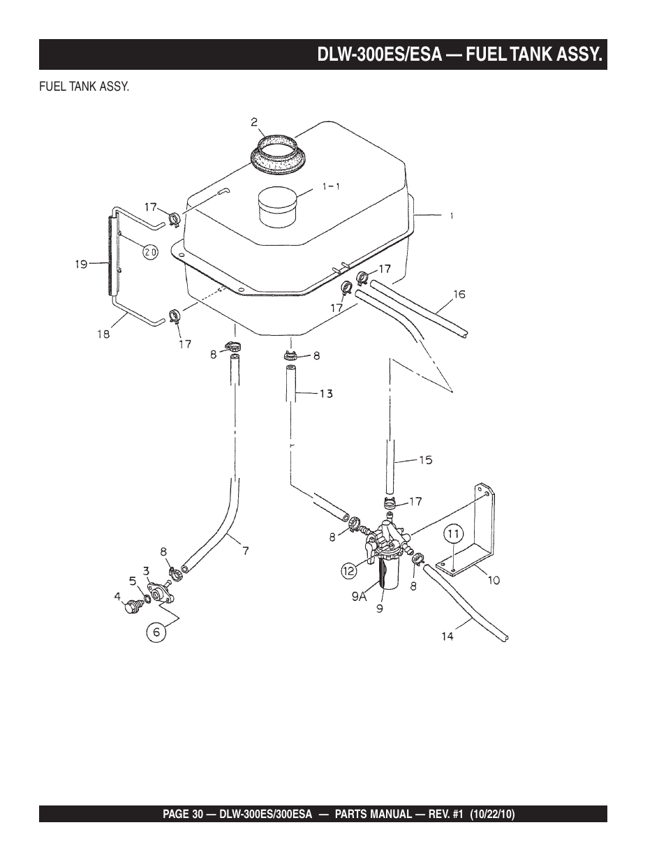 Dlw-300es/esa — fuel tank assy | Multiquip DLW300ES_ESA User Manual | Page 30 / 124