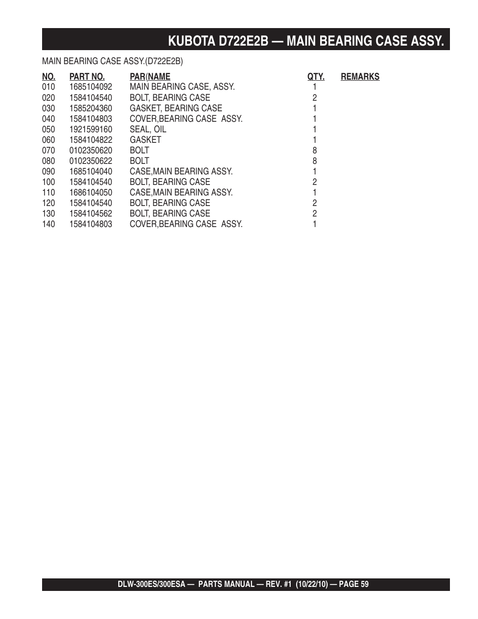 Kubota d722e2b — main bearing case assy | Multiquip DLW300ES_ESA User Manual | Page 59 / 124