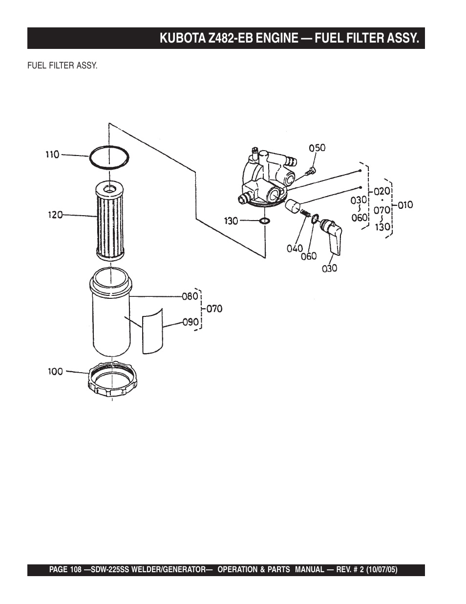 Kubota z482-eb engine — fuel filter assy | Multiquip SDW225SS User Manual | Page 108 / 146