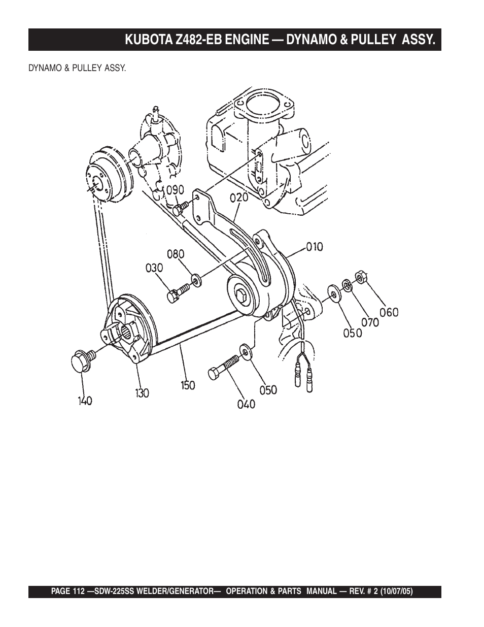 Kubota z482-eb engine — dynamo & pulley assy | Multiquip SDW225SS User Manual | Page 112 / 146