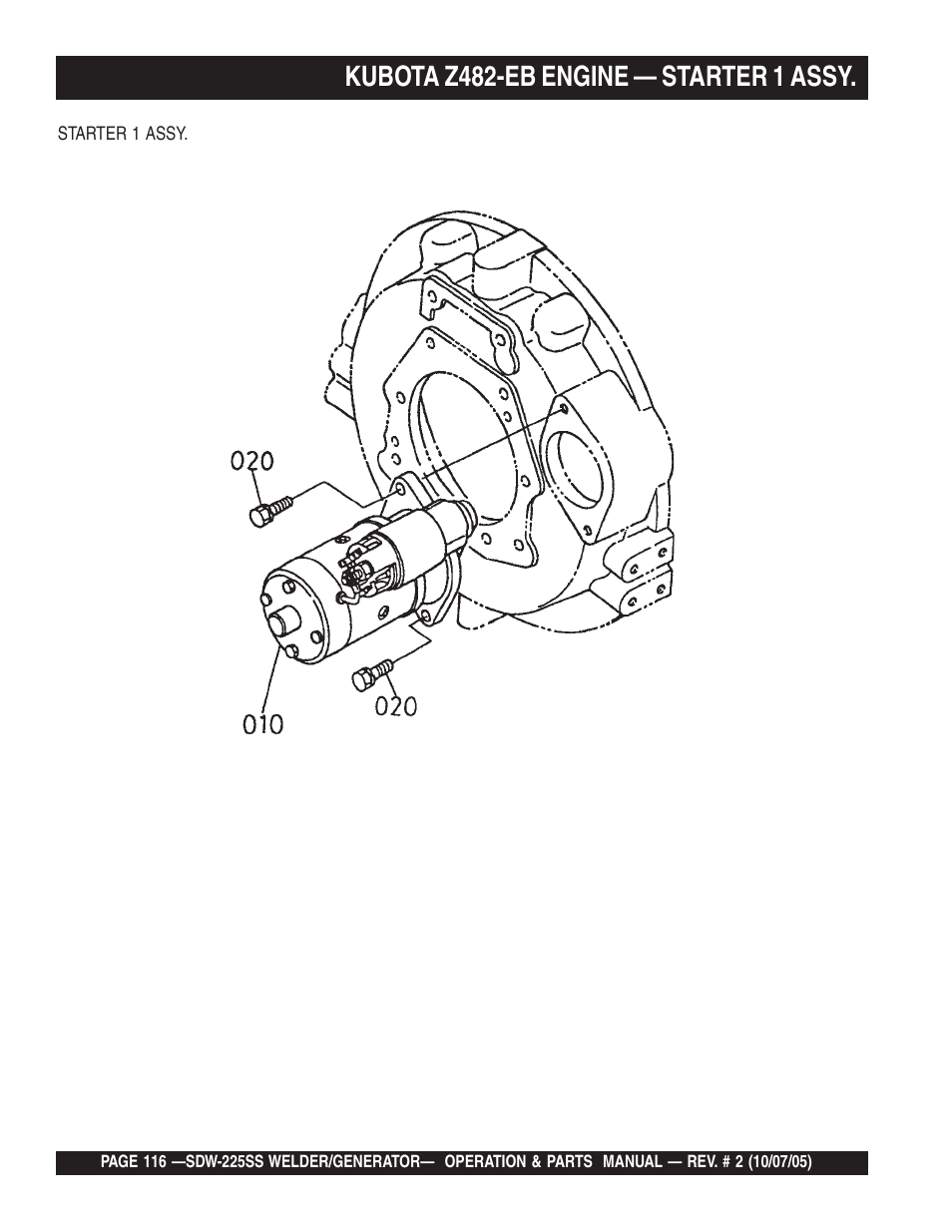 Kubota z482-eb engine — starter 1 assy | Multiquip SDW225SS User Manual | Page 116 / 146
