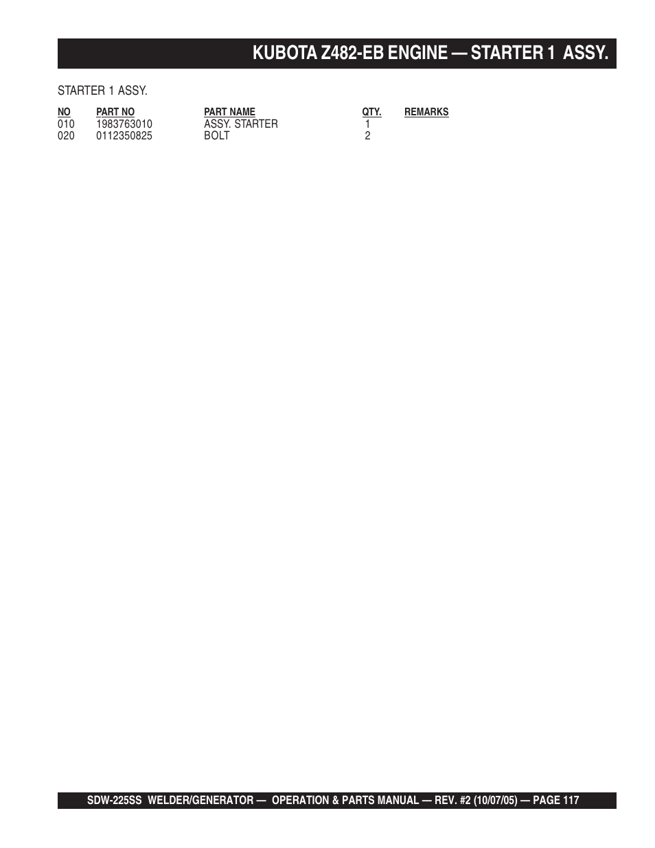 Kubota z482-eb engine — starter 1 assy | Multiquip SDW225SS User Manual | Page 117 / 146