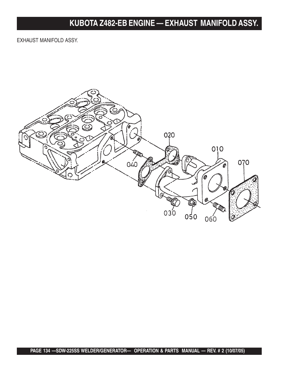 Kubota z482-eb engine — exhaust manifold assy | Multiquip SDW225SS User Manual | Page 134 / 146