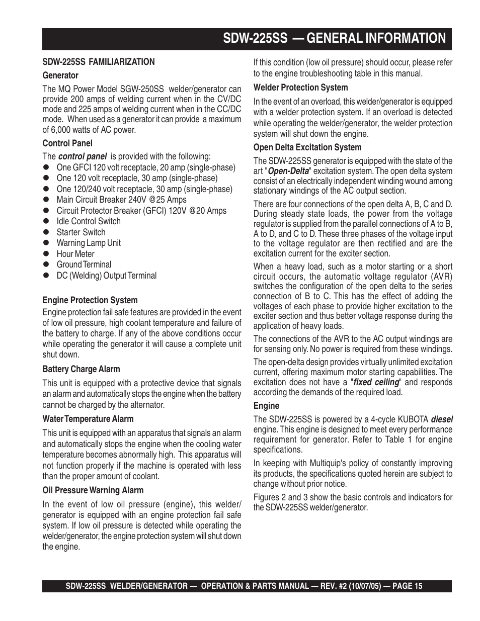 Sdw-225ss — general information | Multiquip SDW225SS User Manual | Page 15 / 146