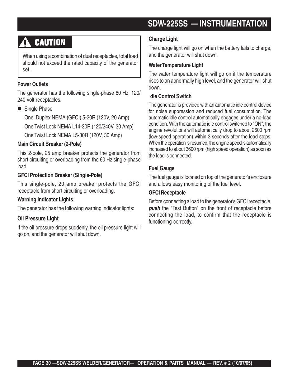 Sdw-225ss — instrumentation, Cauti, Cauti caution | Multiquip SDW225SS User Manual | Page 30 / 146