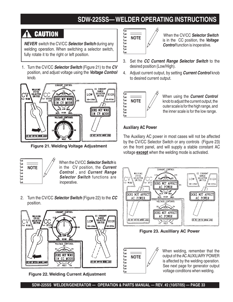 Sdw-225ss— welder operating instructions, Cauti, Cauti caution | Multiquip SDW225SS User Manual | Page 33 / 146