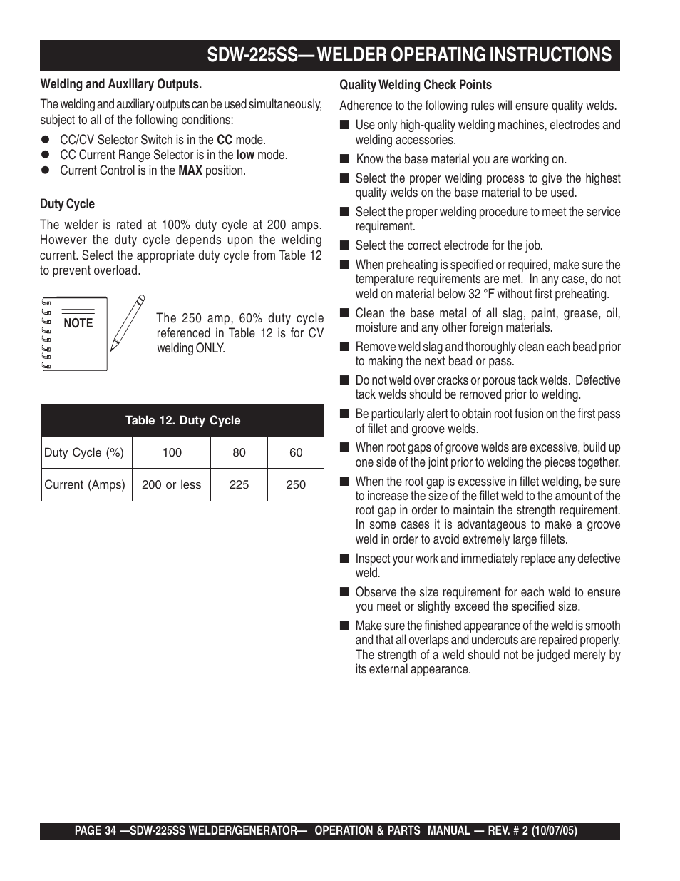 Sdw-225ss— welder operating instructions | Multiquip SDW225SS User Manual | Page 34 / 146