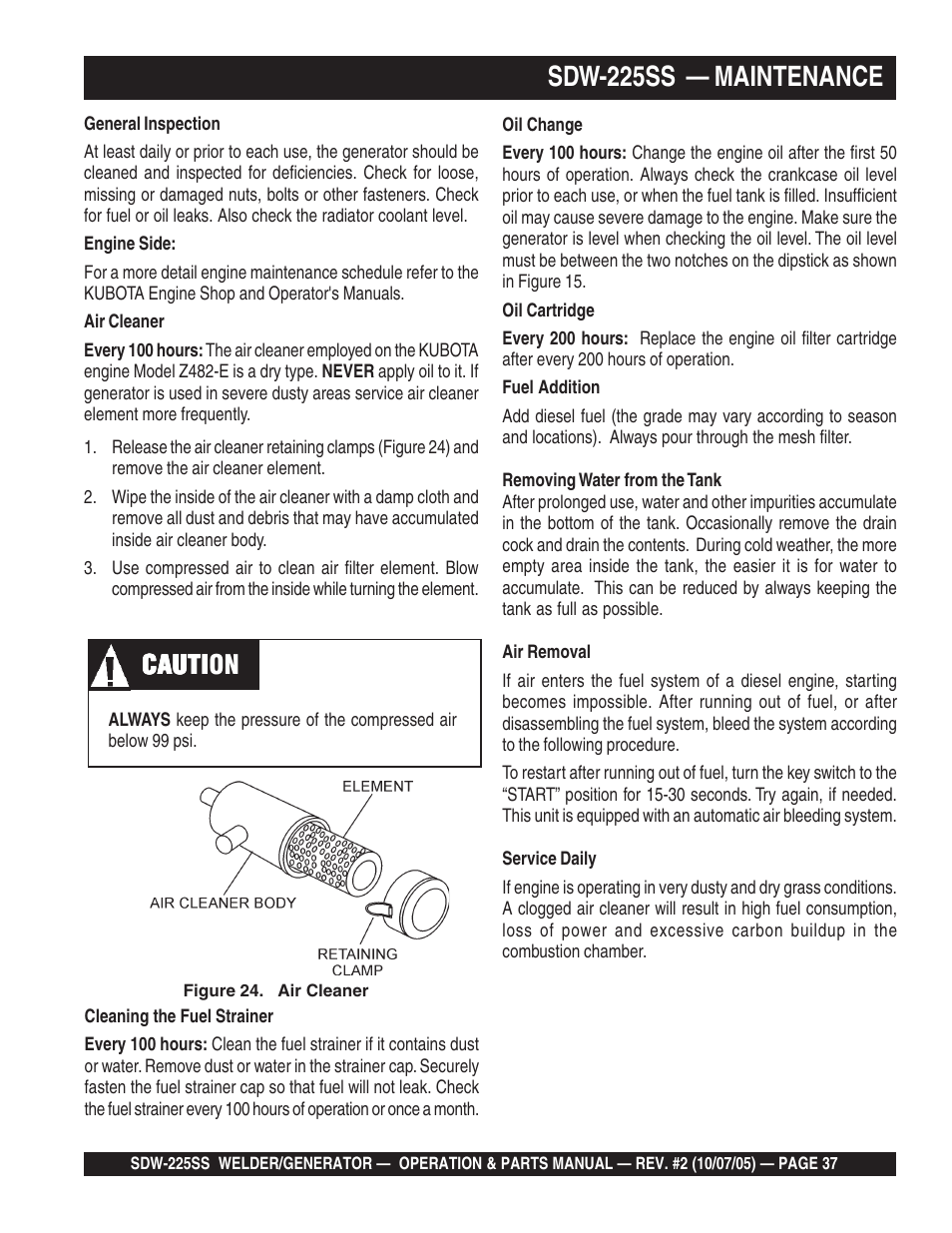 Sdw-225ss — maintenance, Cauti, Cauti caution | Multiquip SDW225SS User Manual | Page 37 / 146