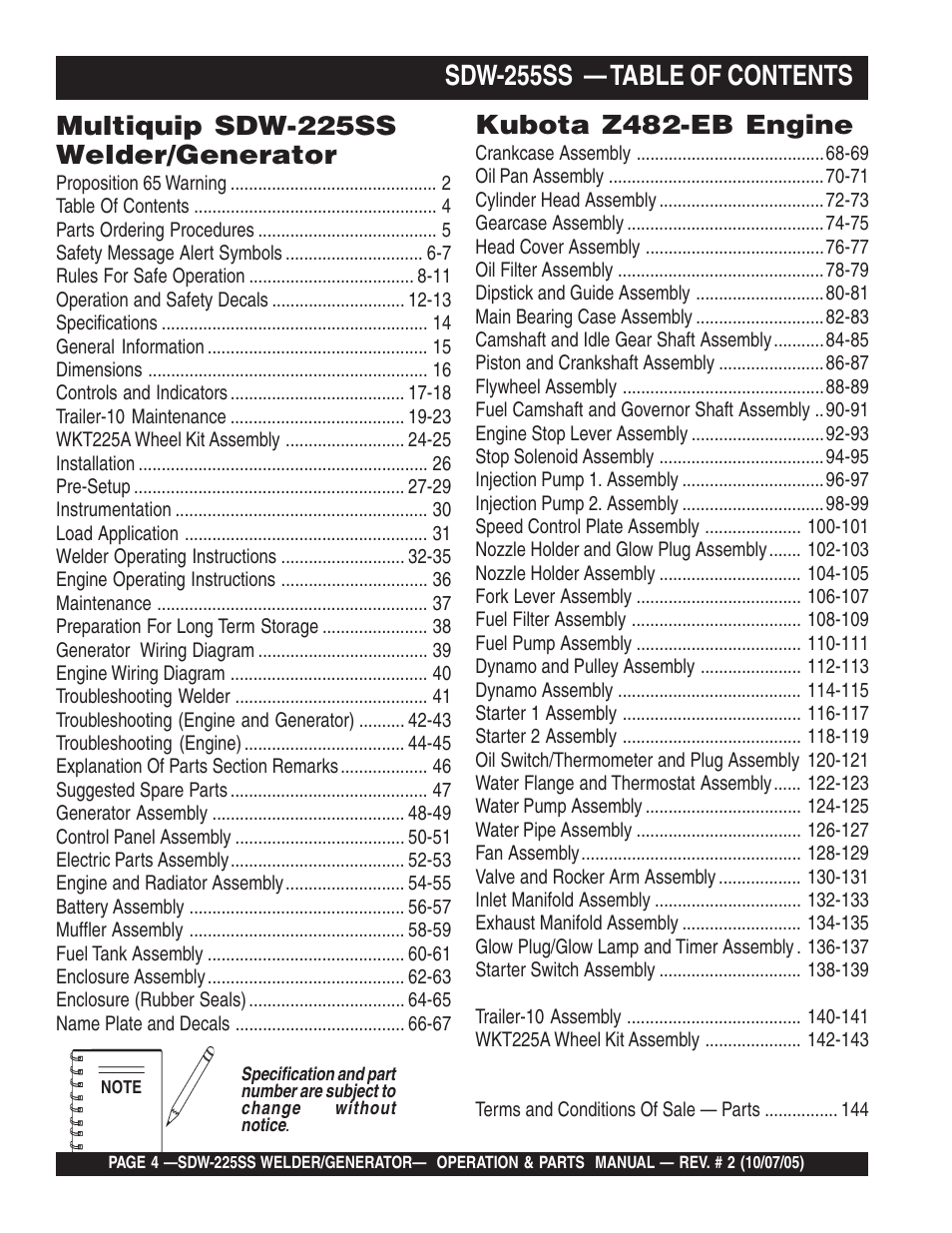 Sdw-255ss — table of contents, Multiquip sdw-225ss welder/generator, Kubota z482-eb engine | Multiquip SDW225SS User Manual | Page 4 / 146