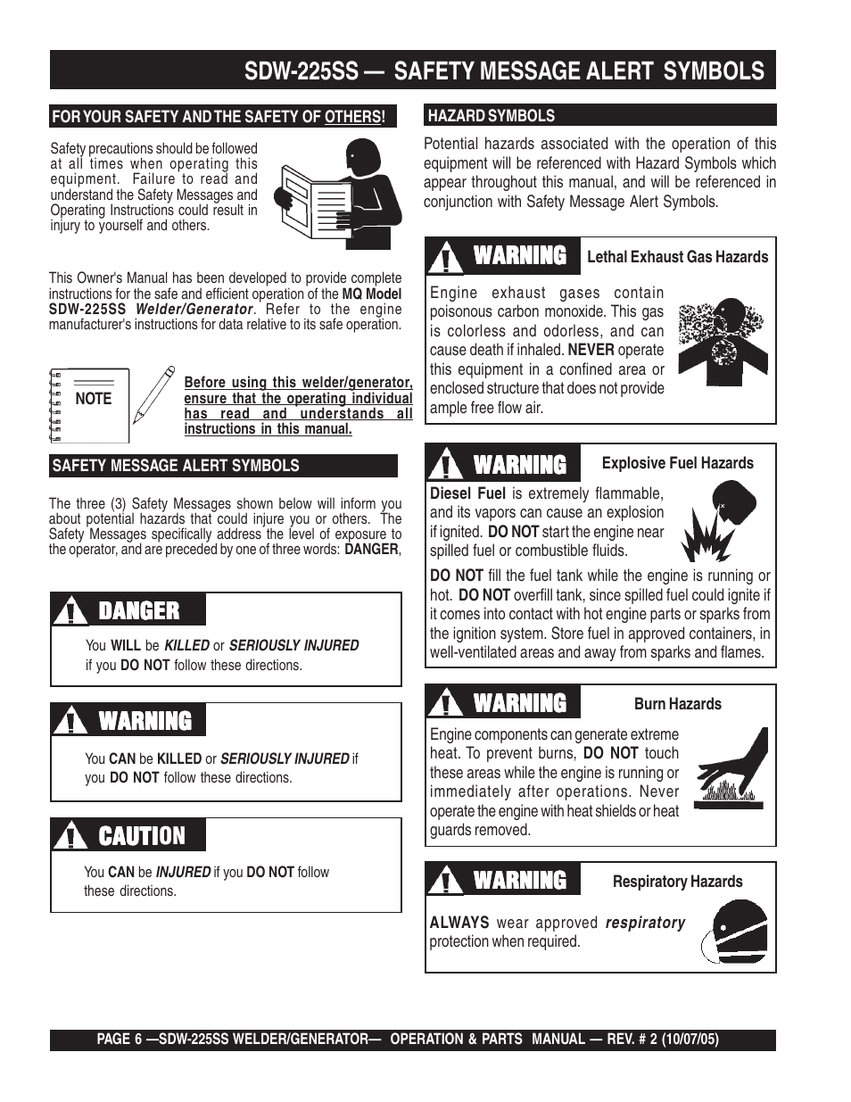 Sdw-225ss — safety message alert symbols, Cauti, Cauti caution danger danger danger danger danger | Warning | Multiquip SDW225SS User Manual | Page 6 / 146