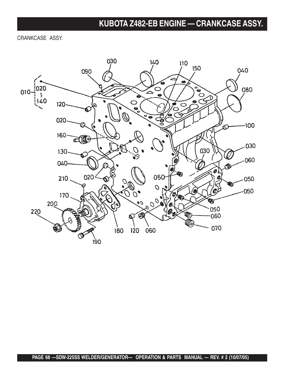 Kubota z482-eb engine — crankcase assy | Multiquip SDW225SS User Manual | Page 68 / 146