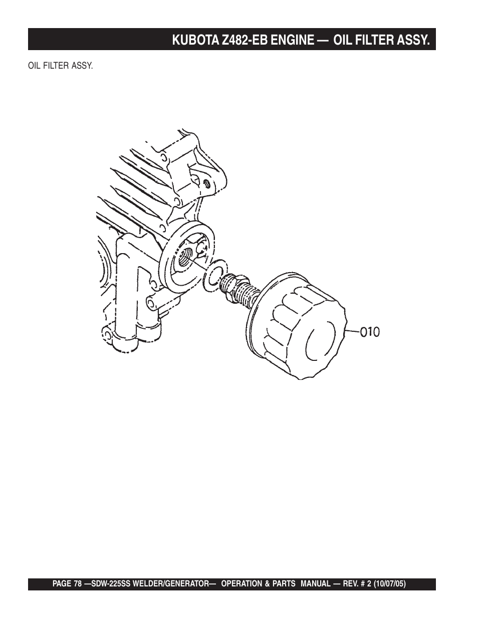 Kubota z482-eb engine — oil filter assy | Multiquip SDW225SS User Manual | Page 78 / 146