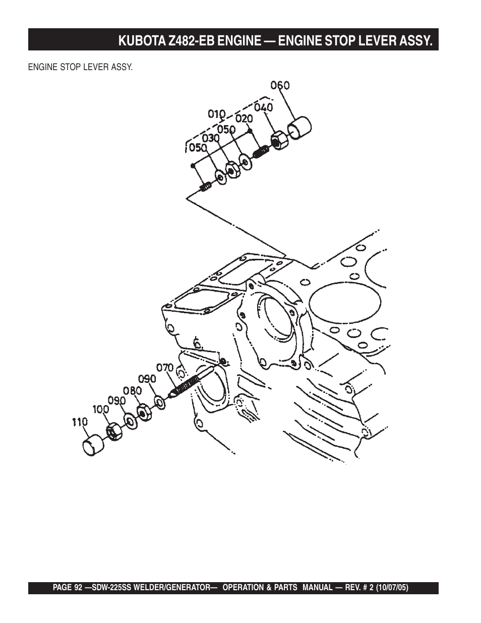 Kubota z482-eb engine — engine stop lever assy | Multiquip SDW225SS User Manual | Page 92 / 146