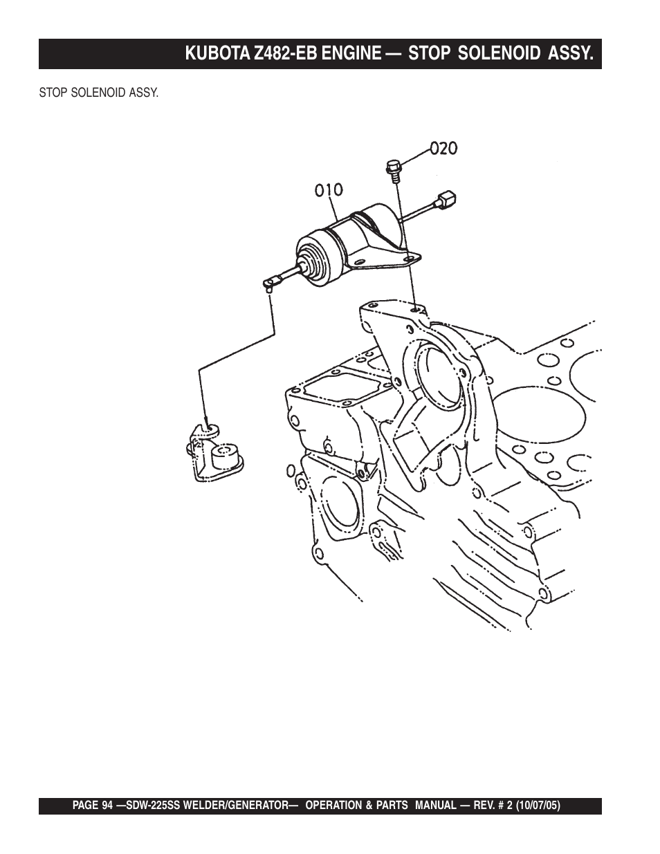 Kubota z482-eb engine — stop solenoid assy | Multiquip SDW225SS User Manual | Page 94 / 146