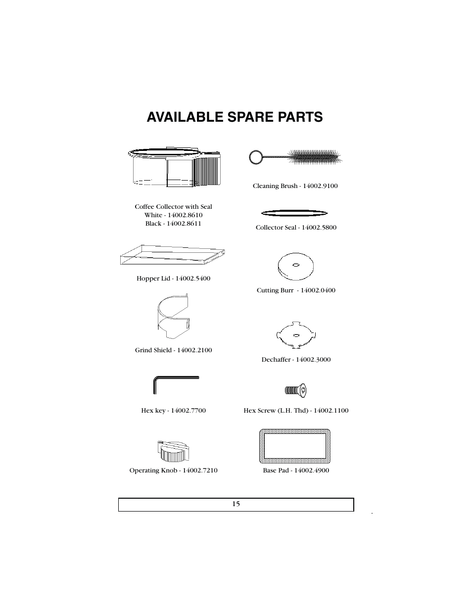 Available spare parts | Bunn Deluxe Coffee Grinder User Manual | Page 15 / 16