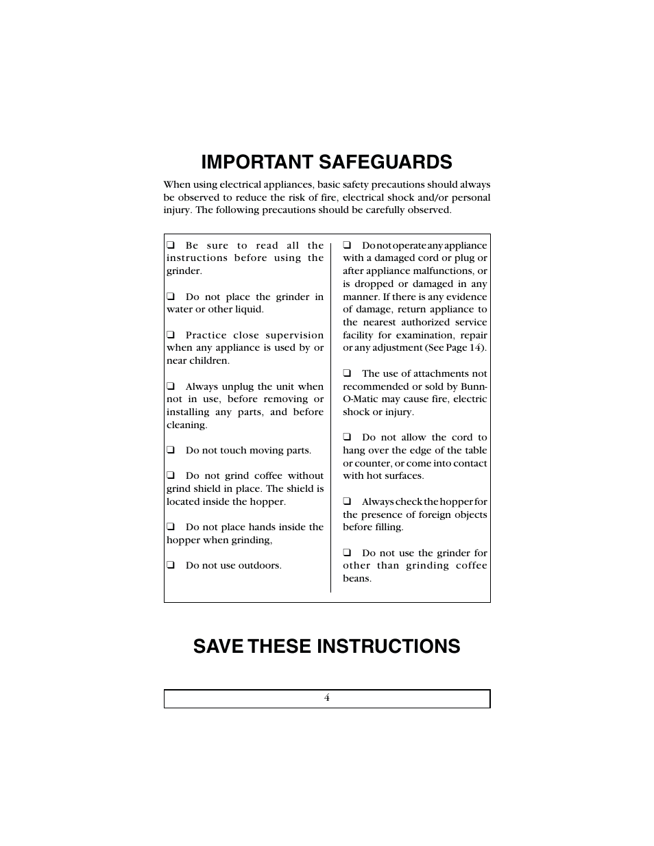 Important safeguards save these instructions | Bunn Deluxe Coffee Grinder User Manual | Page 4 / 16