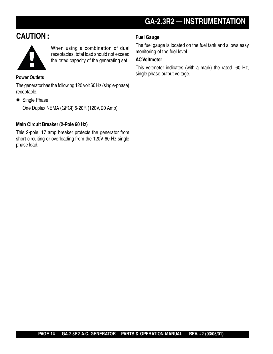 Ga-2.3r2 — instrumentation caution | Multiquip GA-2.3R2 User Manual | Page 14 / 54