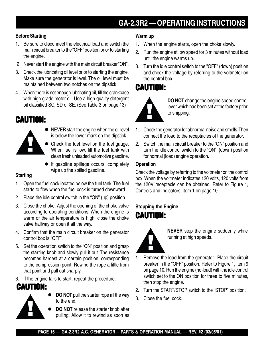 Ga-2.3r2 — operating instructions, Caution | Multiquip GA-2.3R2 User Manual | Page 16 / 54