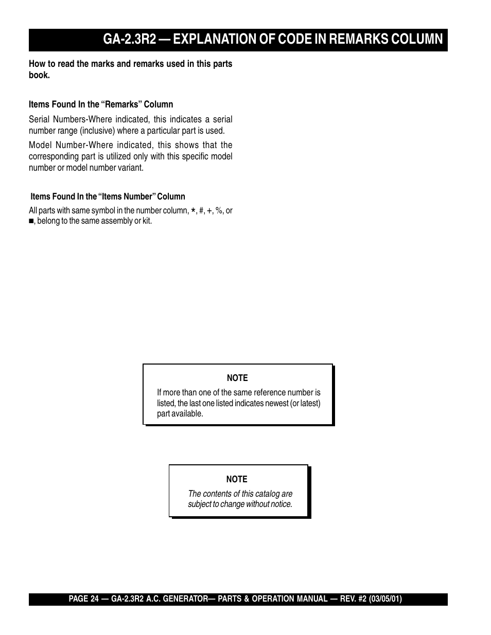 Ga-2.3r2 — explanation of code in remarks column | Multiquip GA-2.3R2 User Manual | Page 24 / 54