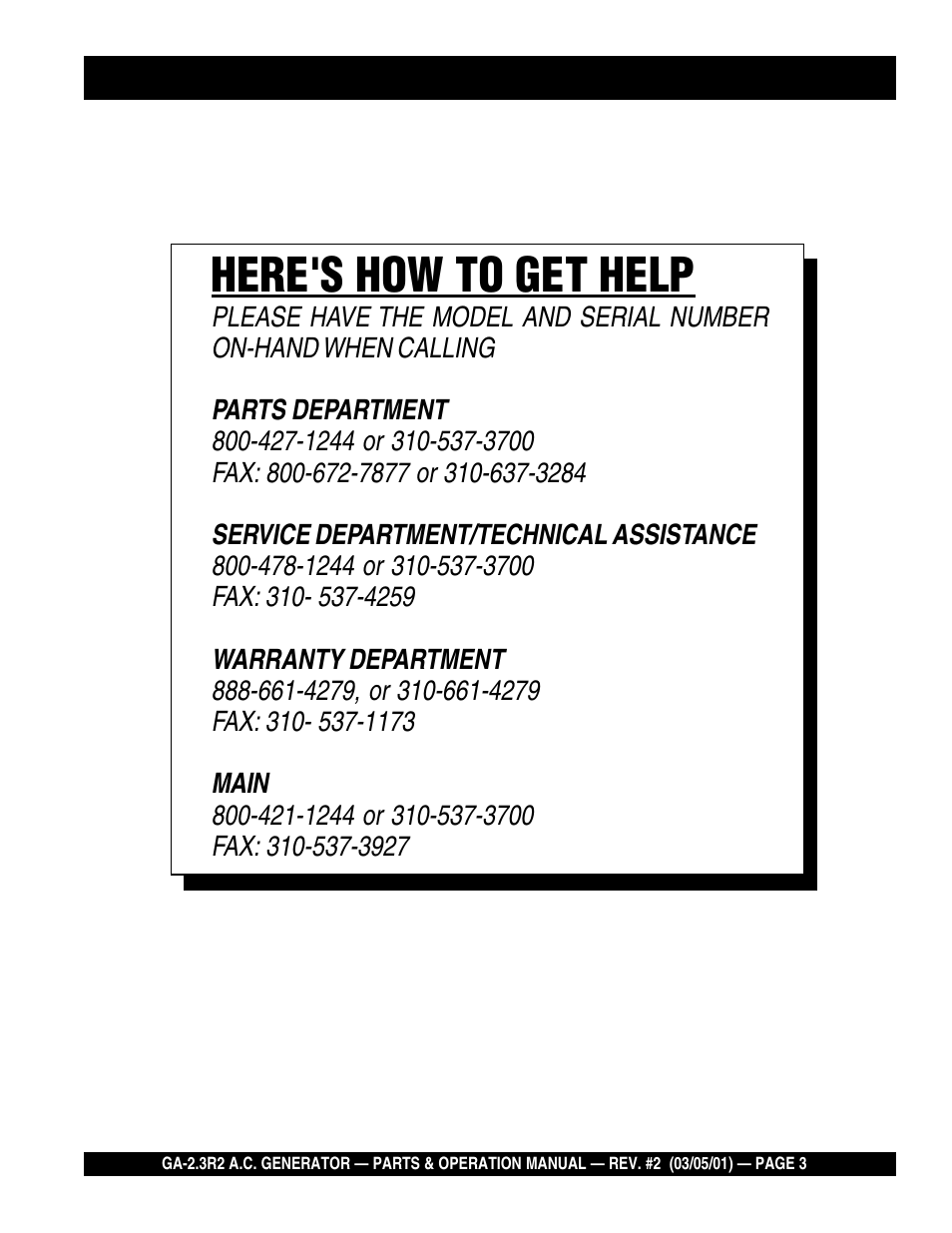 Here's how to get help | Multiquip GA-2.3R2 User Manual | Page 3 / 54