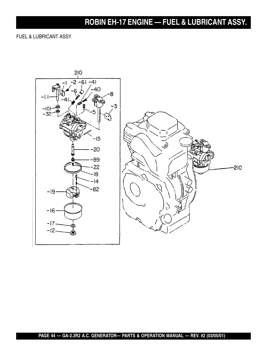 Robin eh-17 engine — fuel & lubricant assy | Multiquip GA-2.3R2 User Manual | Page 44 / 54