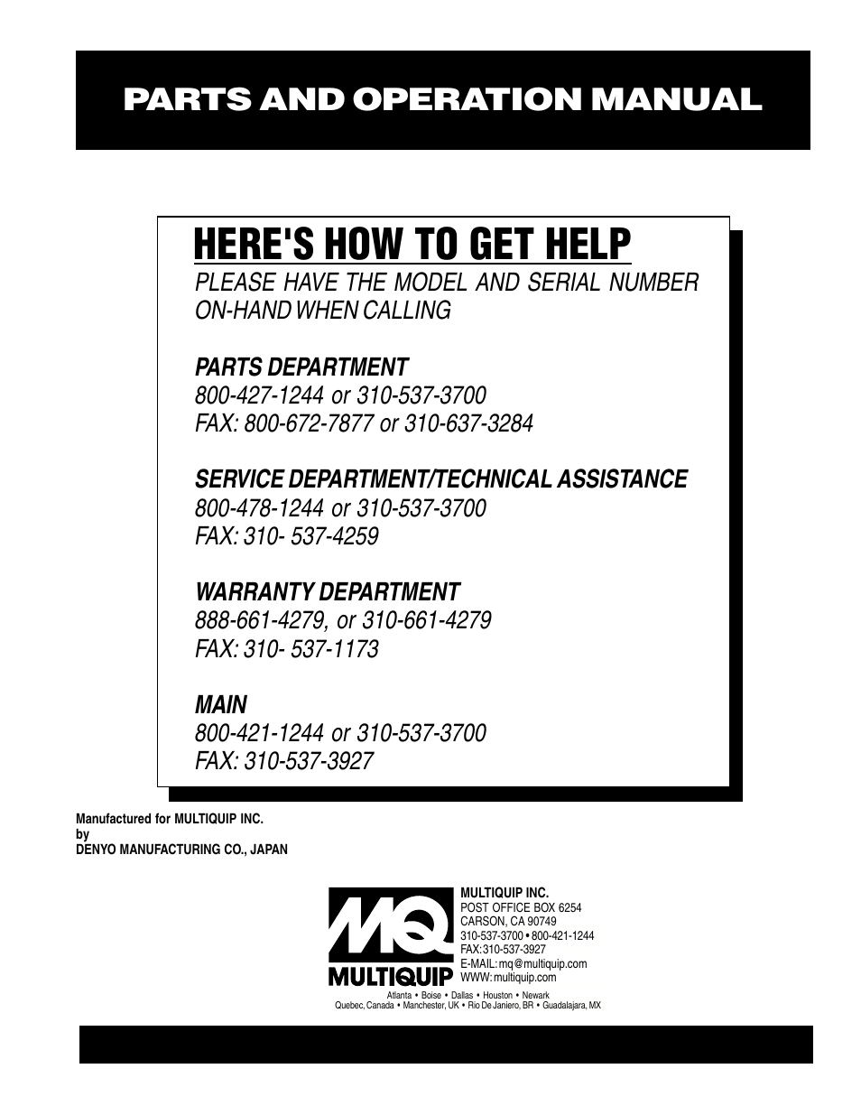 Here's how to get help, Parts and operation manual | Multiquip GA-2.3R2 User Manual | Page 54 / 54