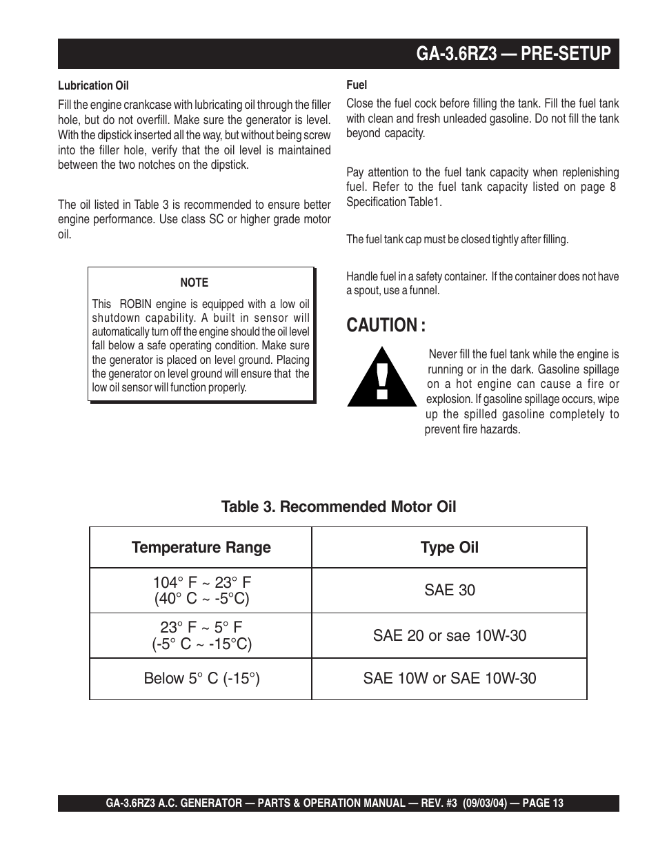 Caution, Ga-3.6rz3 — pre-setup | Multiquip GA-3.6RZ3 User Manual | Page 13 / 52