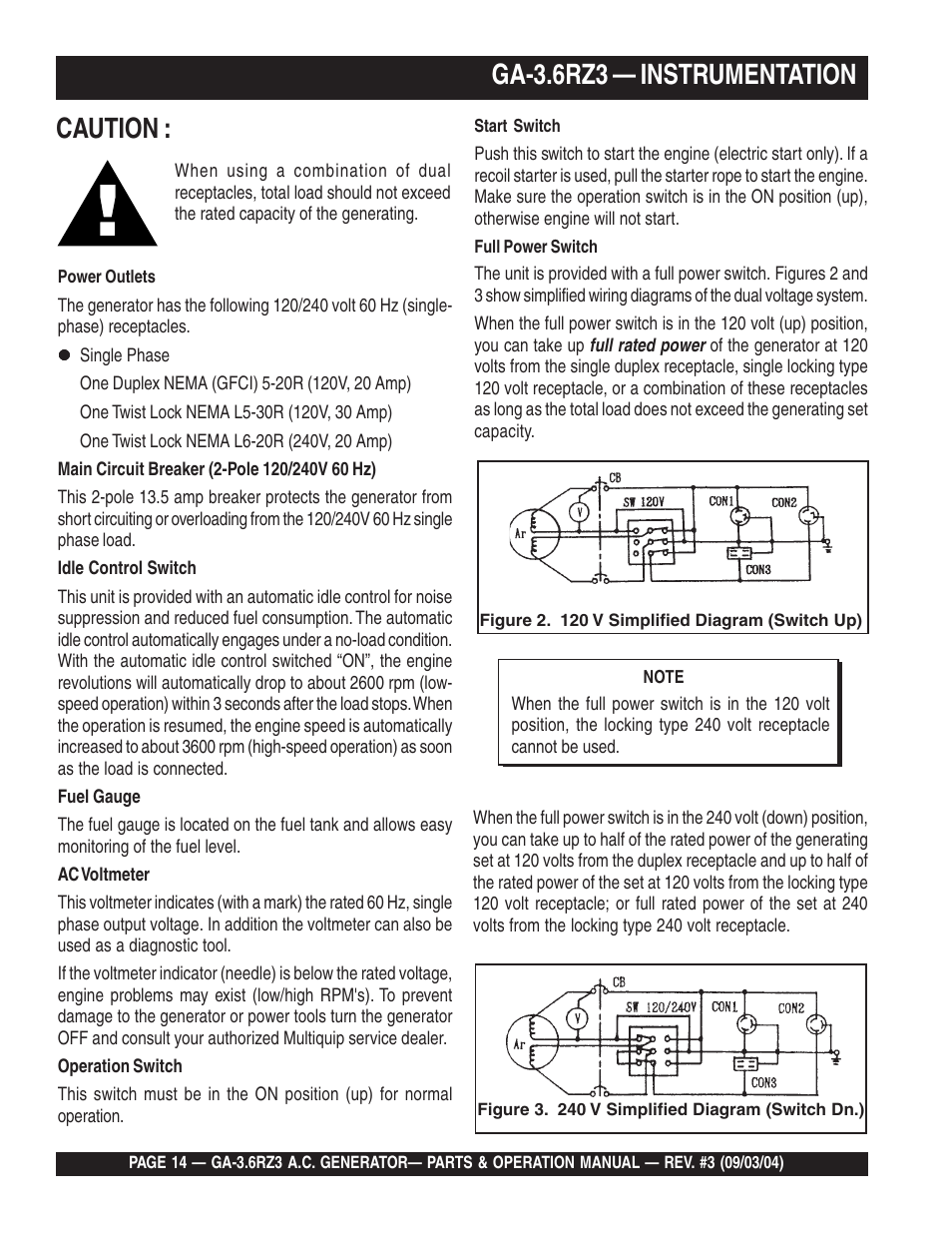 Ga-3.6rz3 — instrumentation, Caution | Multiquip GA-3.6RZ3 User Manual | Page 14 / 52