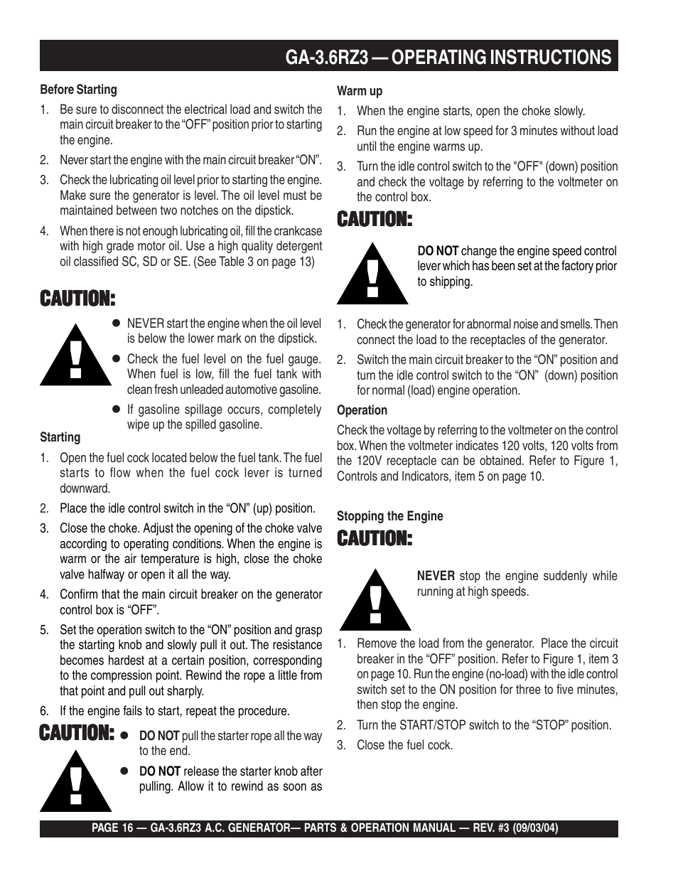 Ga-3.6rz3 — operating instructions, Caution | Multiquip GA-3.6RZ3 User Manual | Page 16 / 52