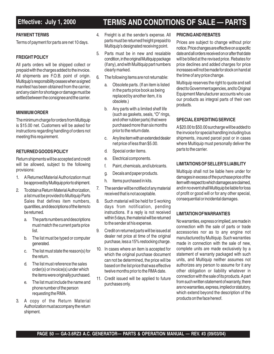 Terms and conditions of, Sale — parts | Multiquip GA-3.6RZ3 User Manual | Page 50 / 52