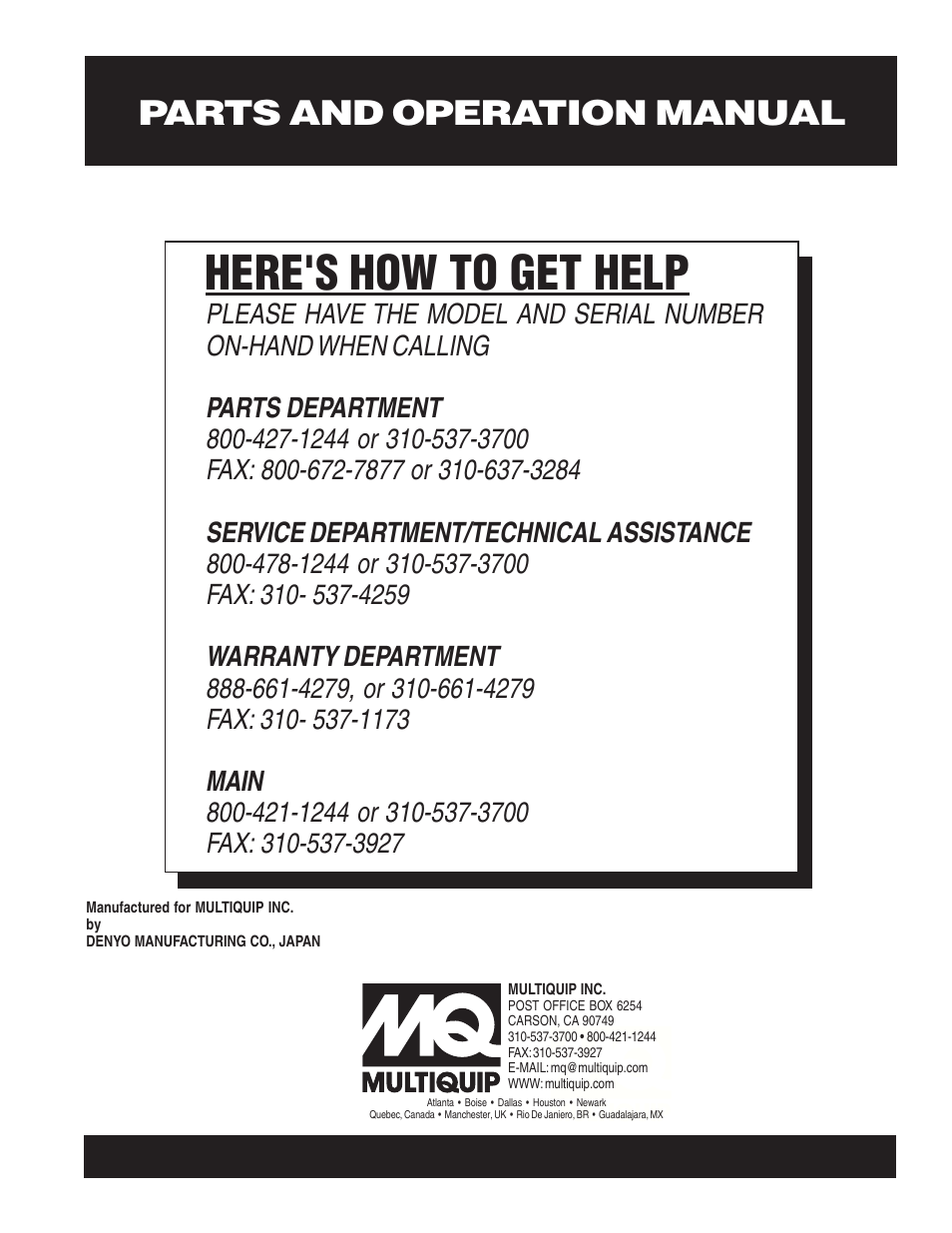 Here's how to get help, Parts and operation manual | Multiquip GA-3.6RZ3 User Manual | Page 52 / 52