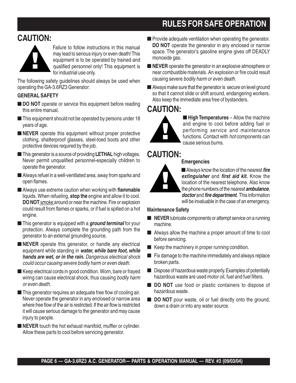 Rules for safe operation caution, Caution | Multiquip GA-3.6RZ3 User Manual | Page 6 / 52