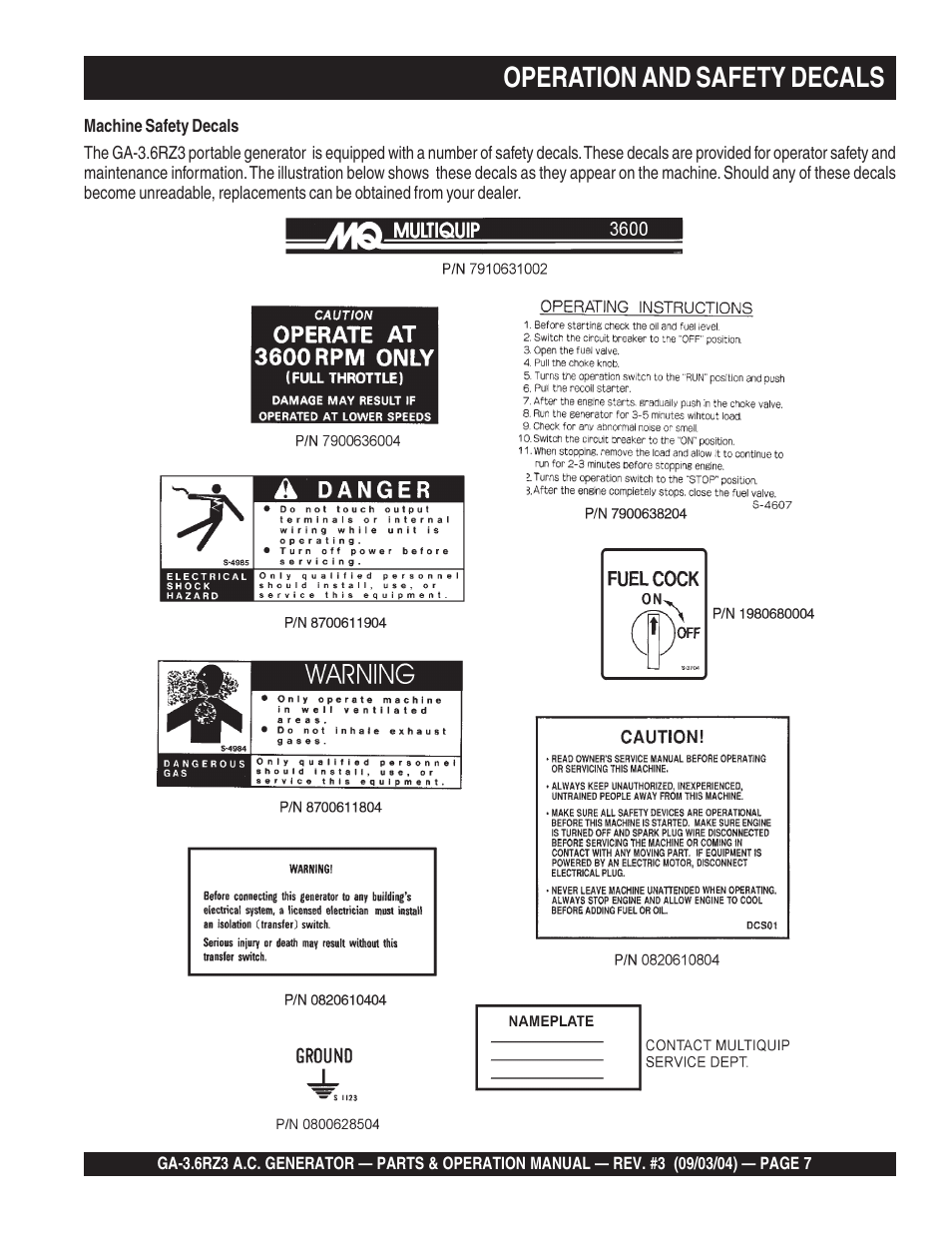 Operation and safety decals | Multiquip GA-3.6RZ3 User Manual | Page 7 / 52