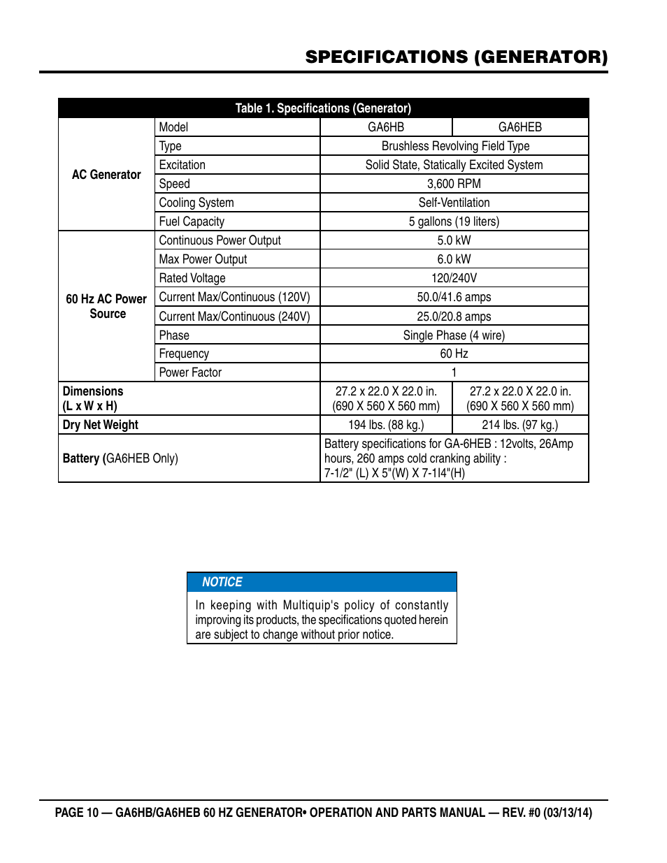 Specifications (generator) | Multiquip GA-6HEB User Manual | Page 10 / 86