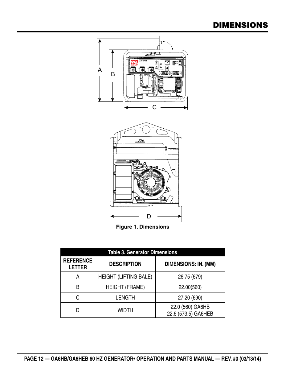 Dimensions, Ab c d, Figure 1. dimensions | Multiquip GA-6HEB User Manual | Page 12 / 86