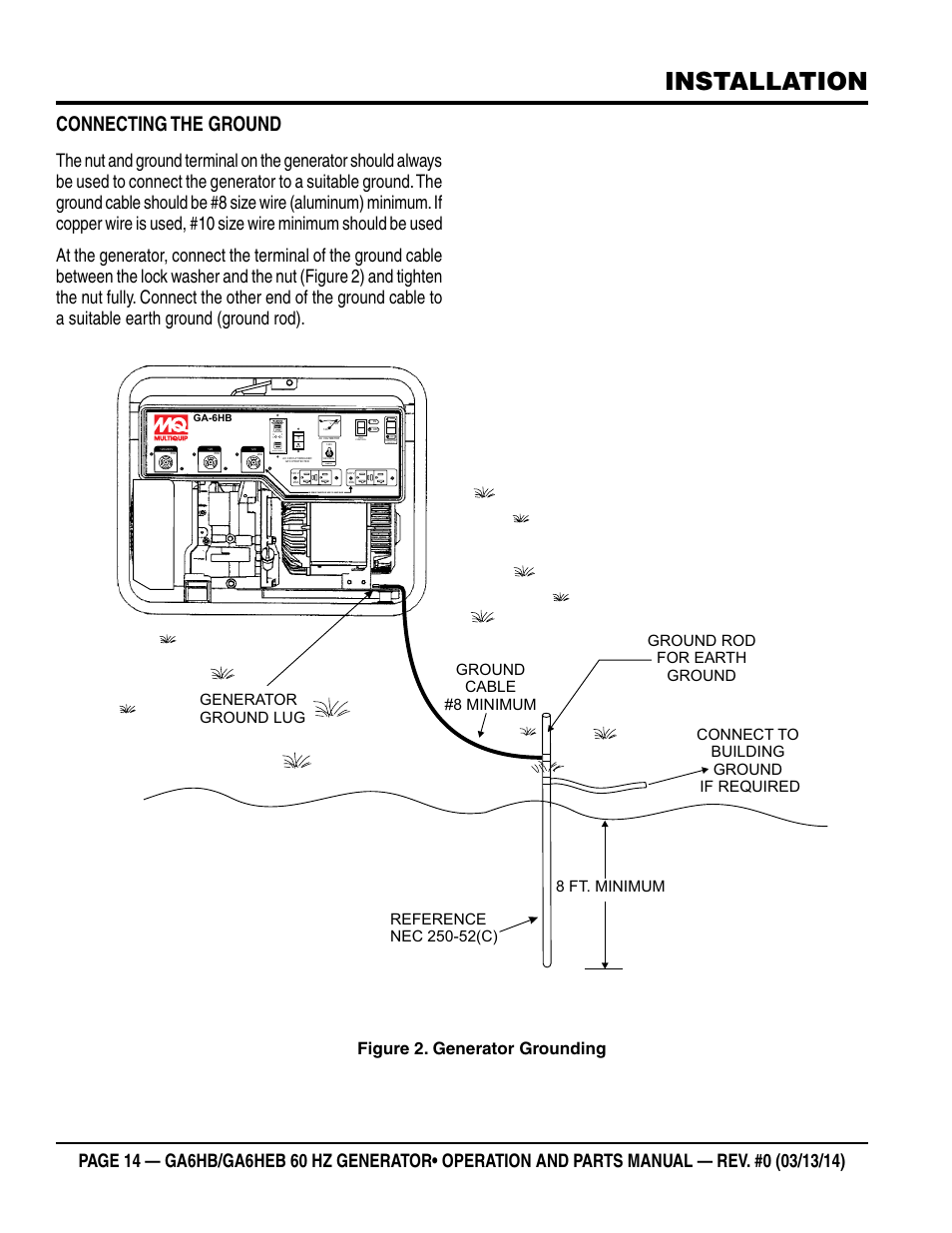 Installation, Connecting the ground, Figure 2. generator grounding | Multiquip GA-6HEB User Manual | Page 14 / 86