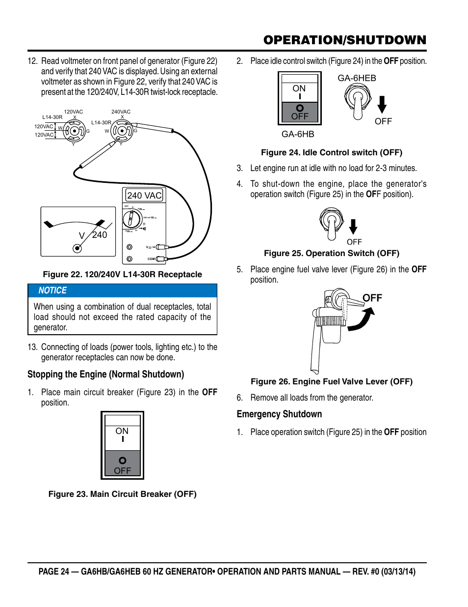 Operation/shutdown, Stopping the engine (normal shutdown), Emergency shutdown | 240 v, Remove all loads from the generator | Multiquip GA-6HEB User Manual | Page 24 / 86