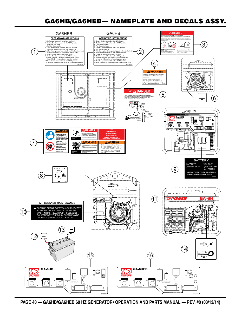 Ga6hb/ga6heb— nameplate and decals assy, Ga6hb ga6heb, Ga-6h | Danger, Full power switch, Operation switch, 0n off idle control 120 v, Ac circuit breaker gfci protected 120 ac voltmeter, Start switch operation switch, Ga-6heb | Multiquip GA-6HEB User Manual | Page 40 / 86