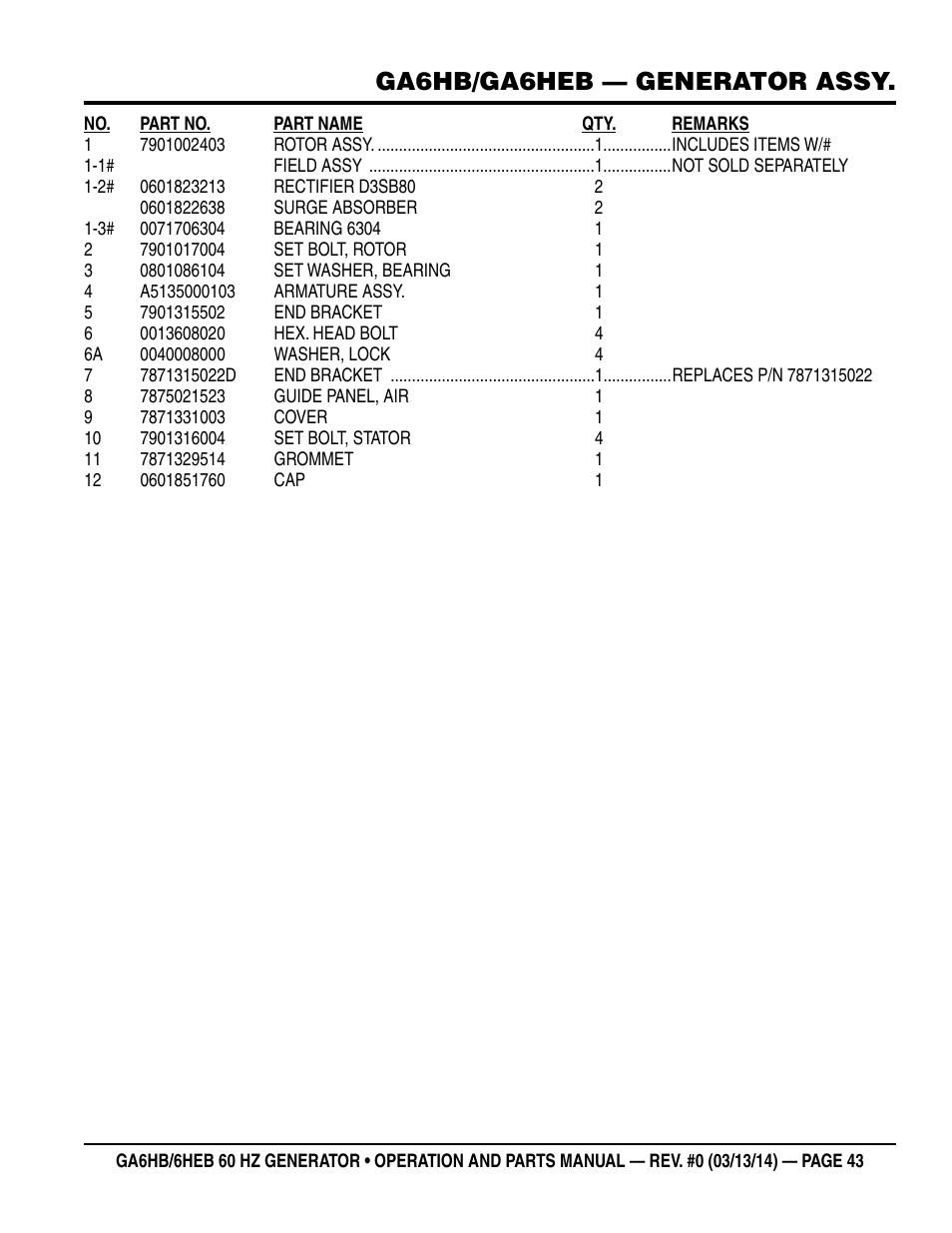 Ga6hb/ga6heb — generator assy | Multiquip GA-6HEB User Manual | Page 43 / 86
