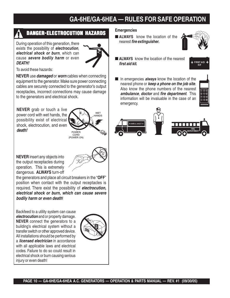 Ga-6he/ga-6hea — rules for safe operation | Multiquip GA-6HEA User Manual | Page 10 / 86