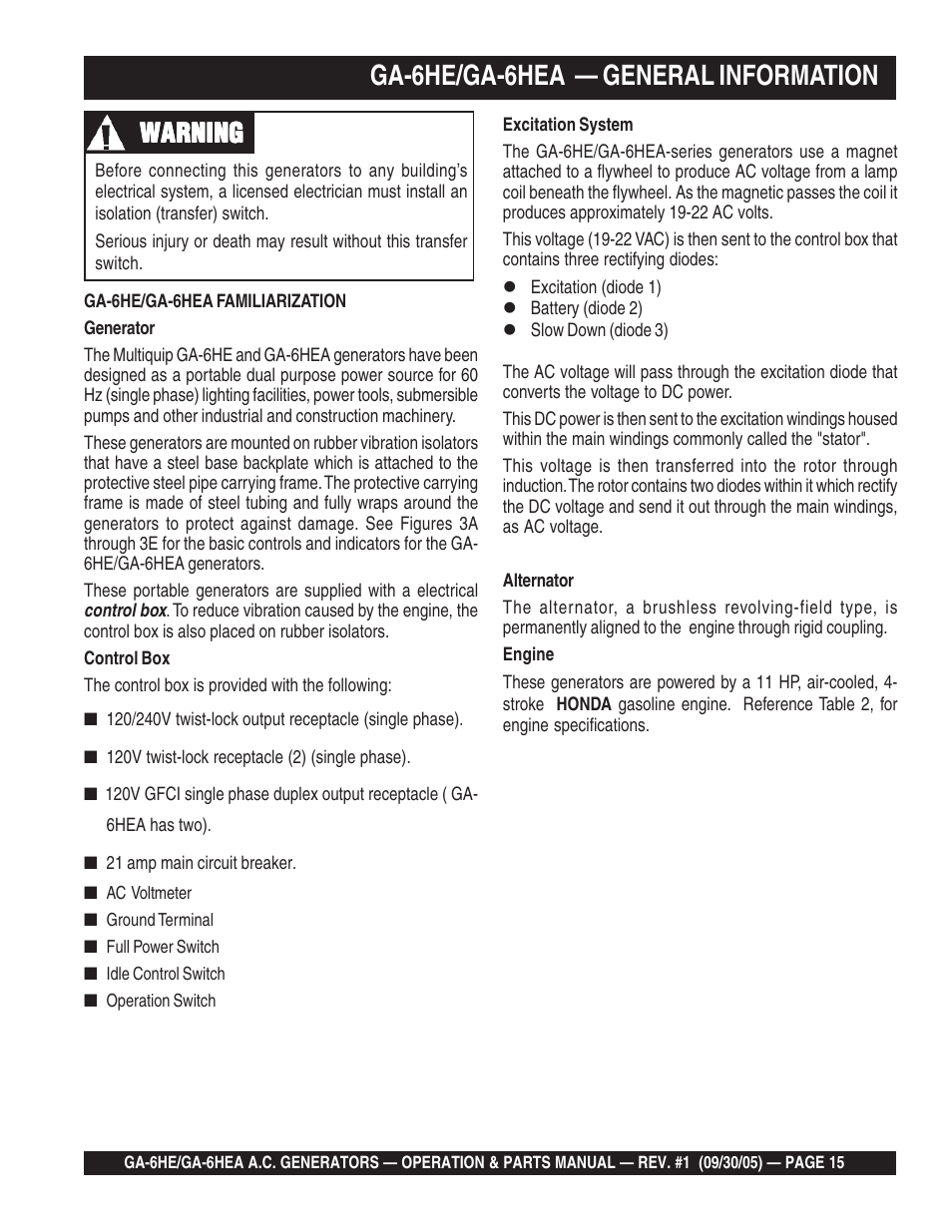 Ga-6he/ga-6hea — general information, Warning | Multiquip GA-6HEA User Manual | Page 15 / 86