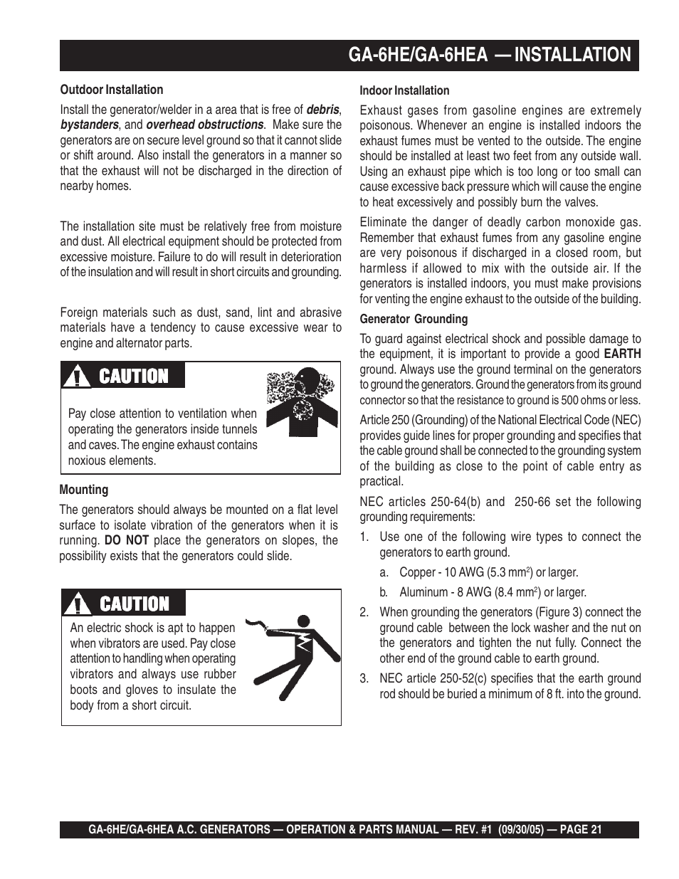 Ga-6he/ga-6hea — installation, Caution | Multiquip GA-6HEA User Manual | Page 21 / 86